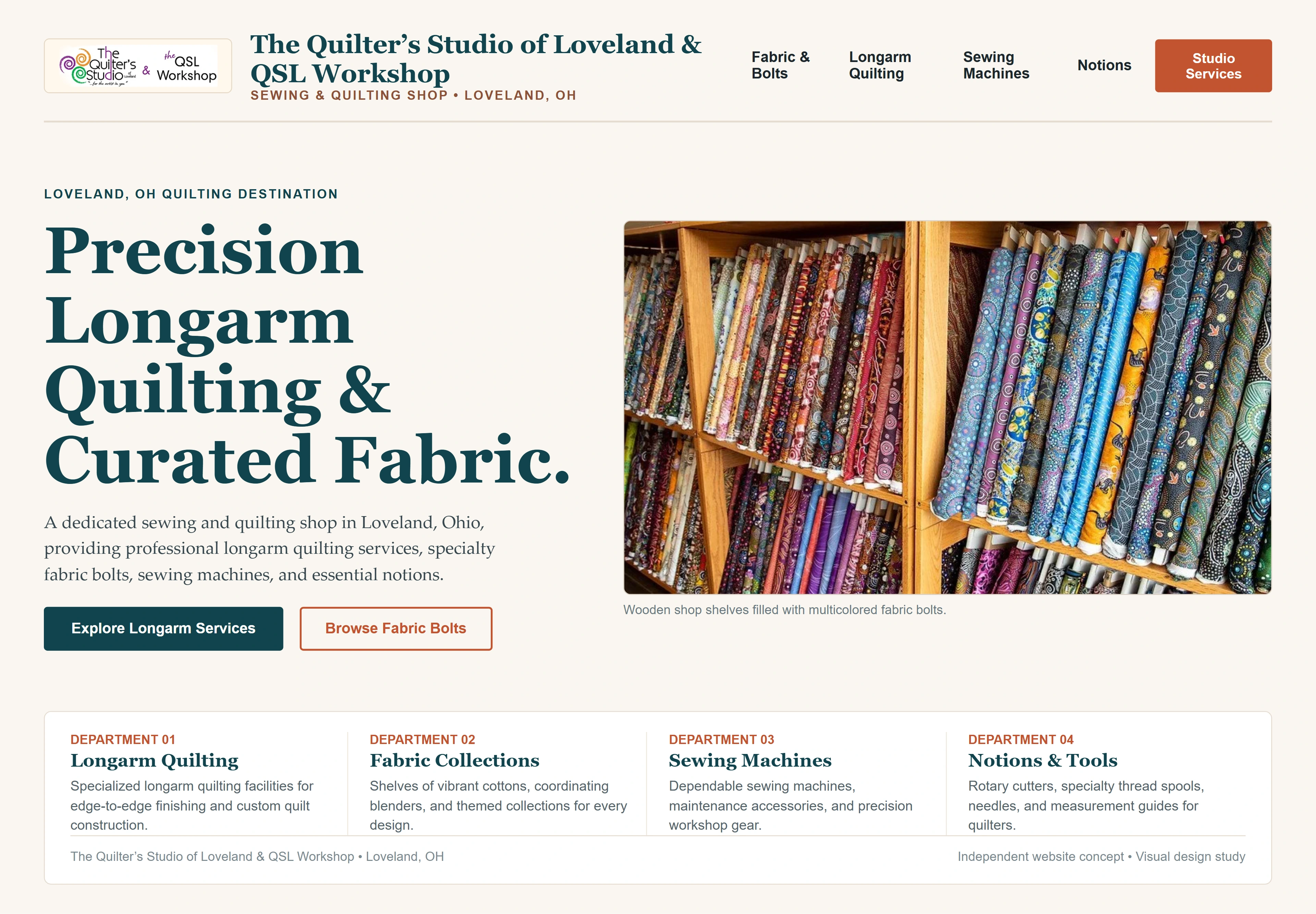 The Quilter’s Studio of Loveland & QSL Workshop, individual website design concept A