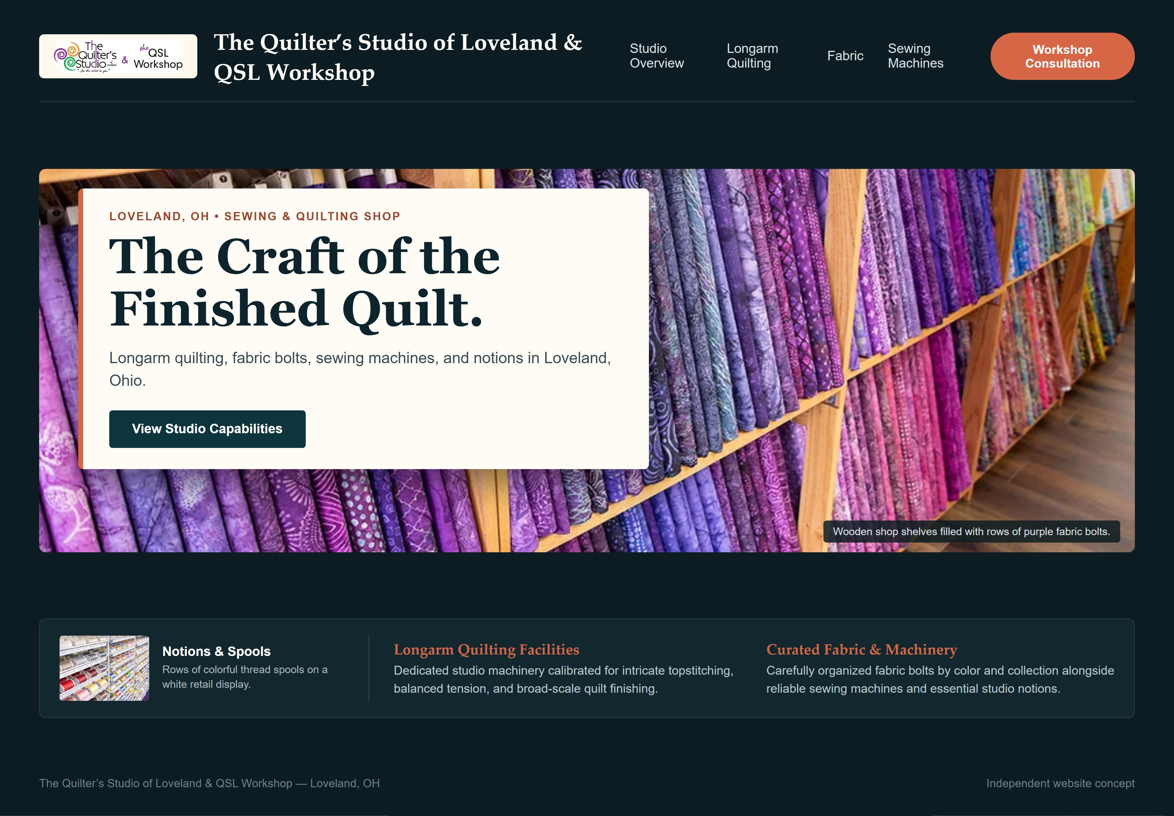 The Quilter’s Studio of Loveland & QSL Workshop, individual website design concept B