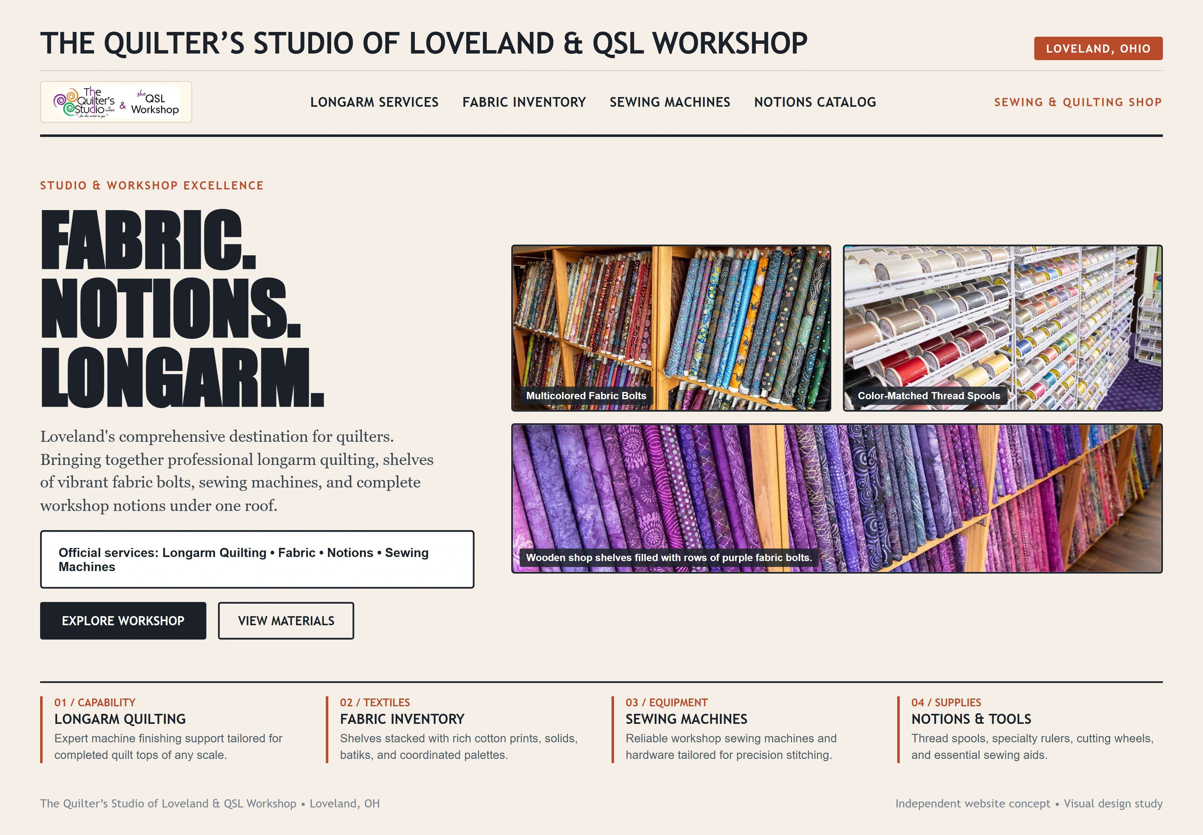 The Quilter’s Studio of Loveland & QSL Workshop, individual website design concept C