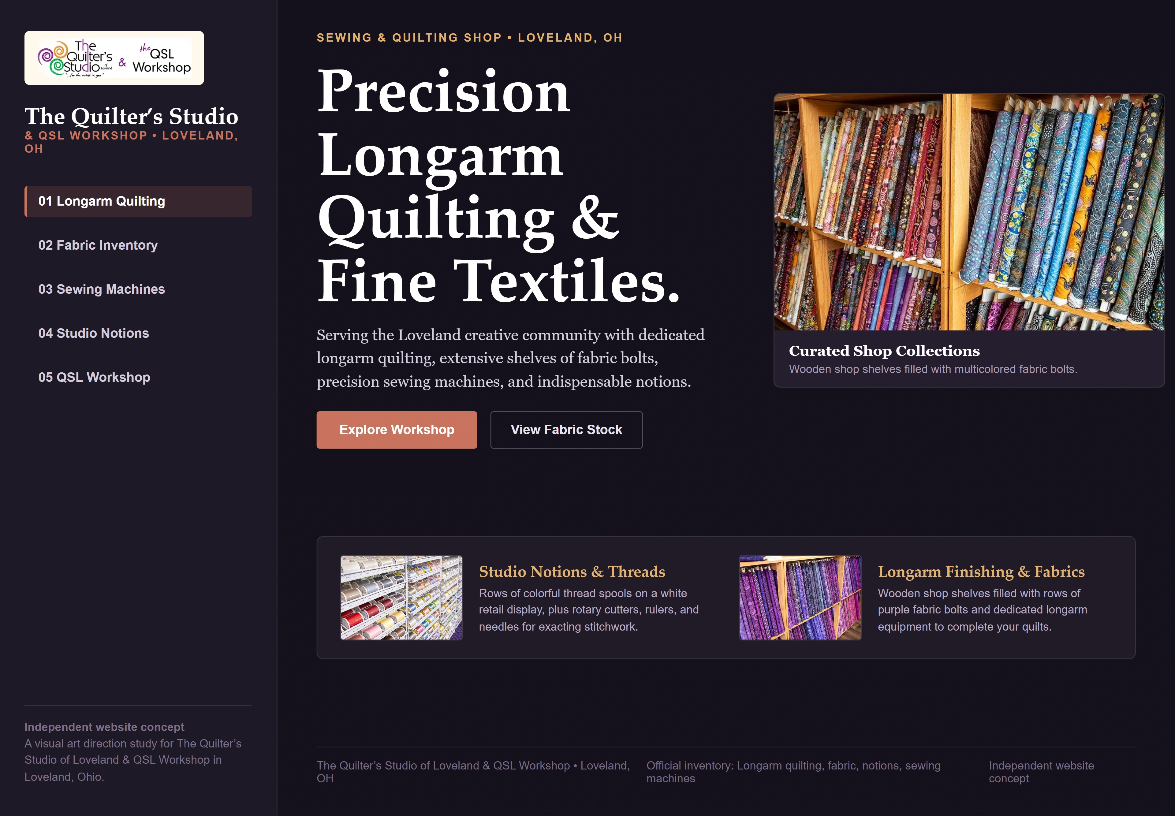 The Quilter’s Studio of Loveland & QSL Workshop, individual website design concept D