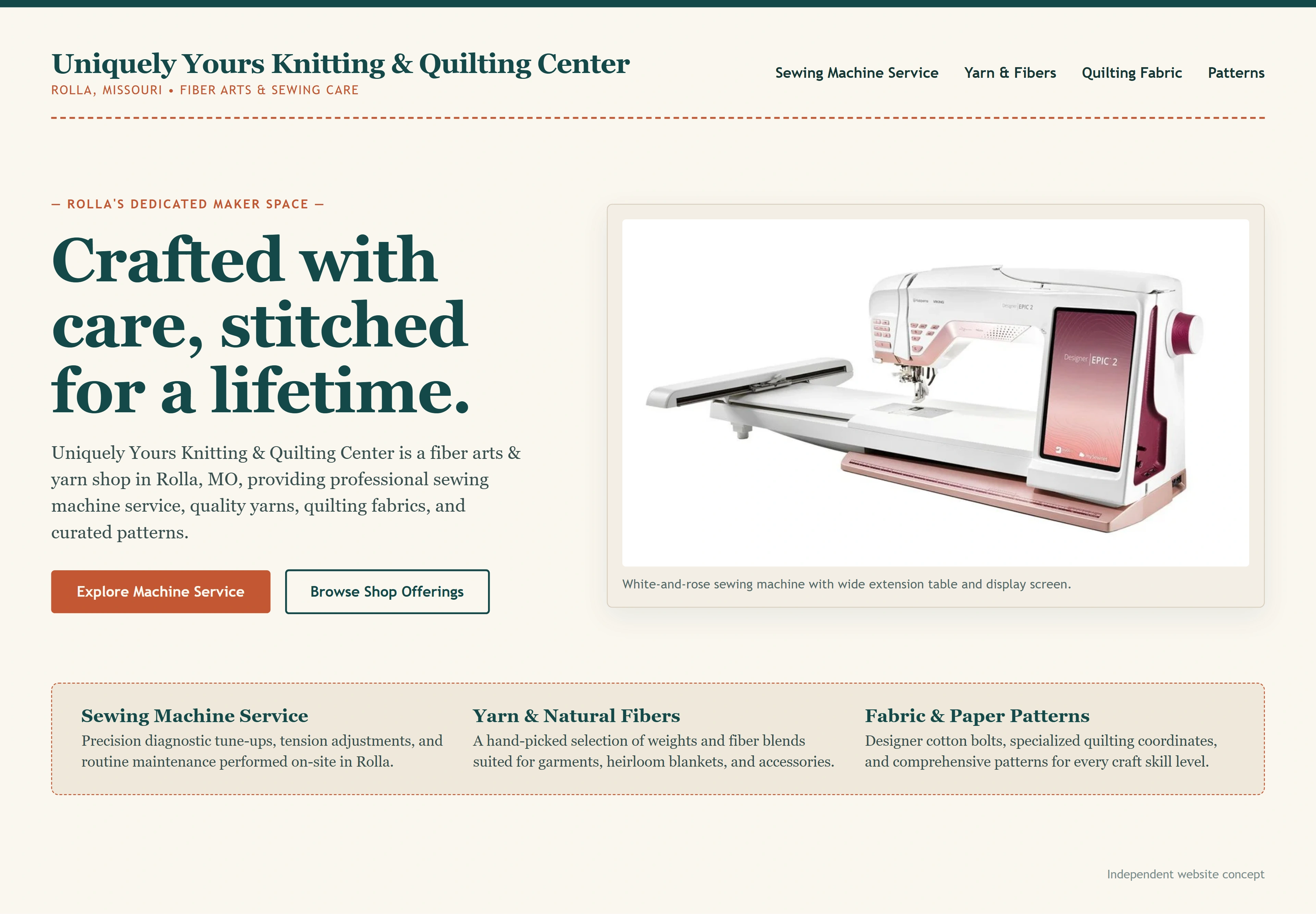 Uniquely Yours Knitting & Quilting Center, individual website design concept A