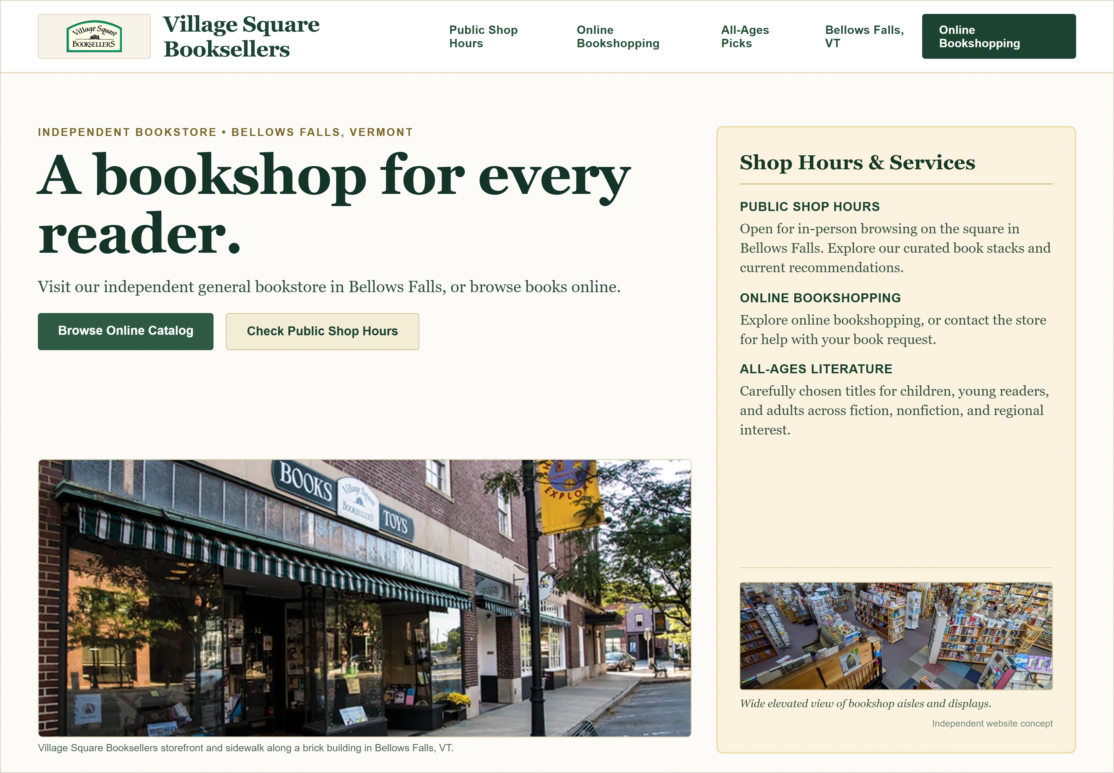 Village Square Booksellers, individual website design concept A