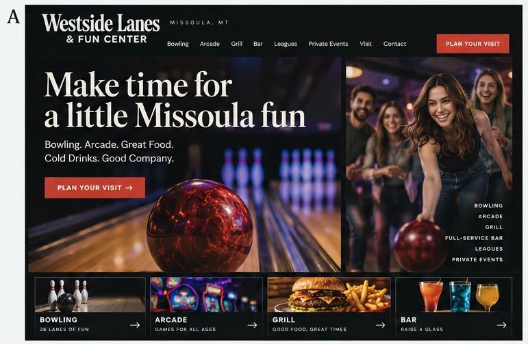 Westside Lanes & Fun Center, individual website design concept A