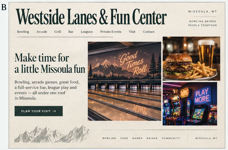 Westside Lanes & Fun Center, individual website design concept B