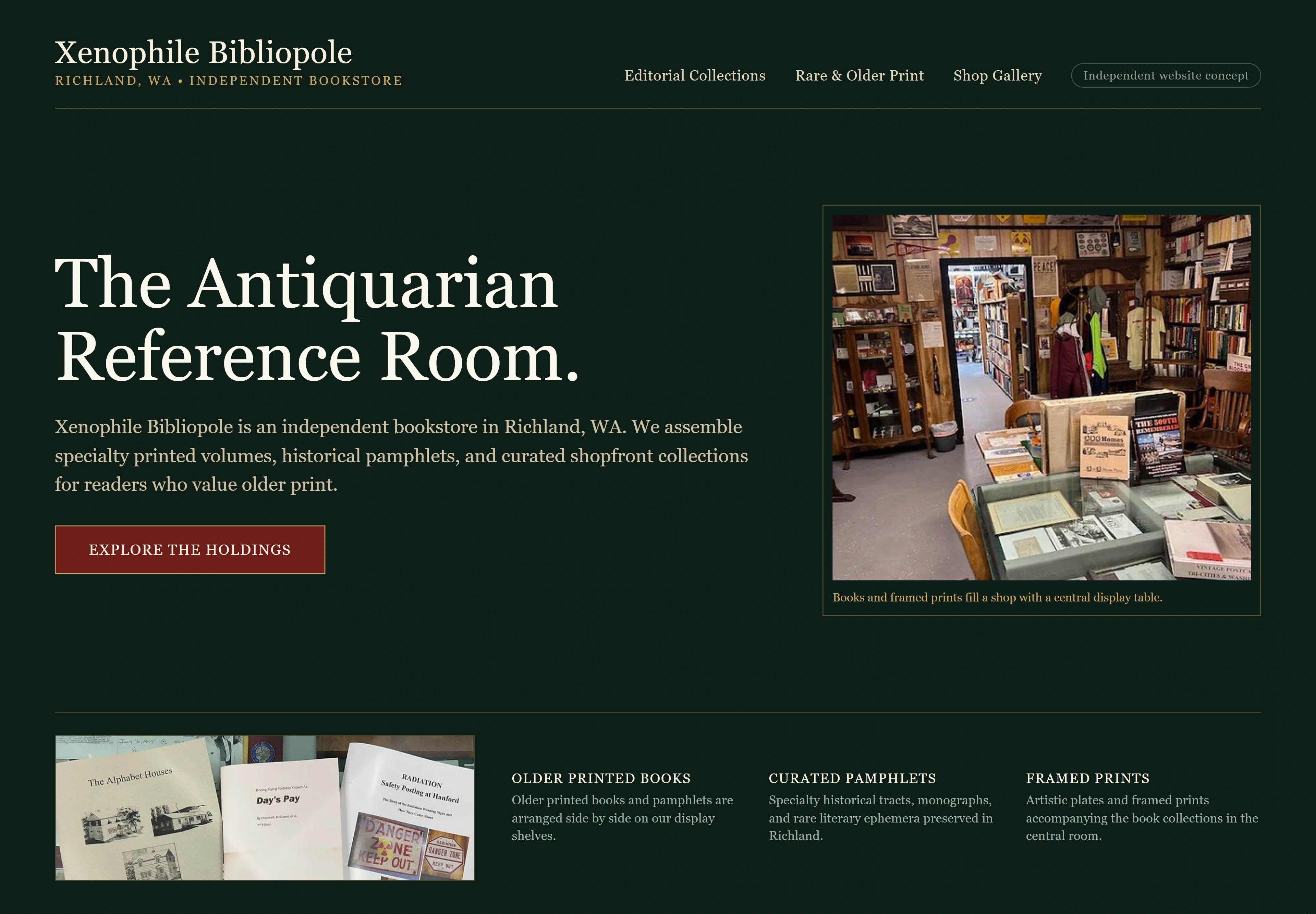 Xenophile Bibliopole, individual website design concept A