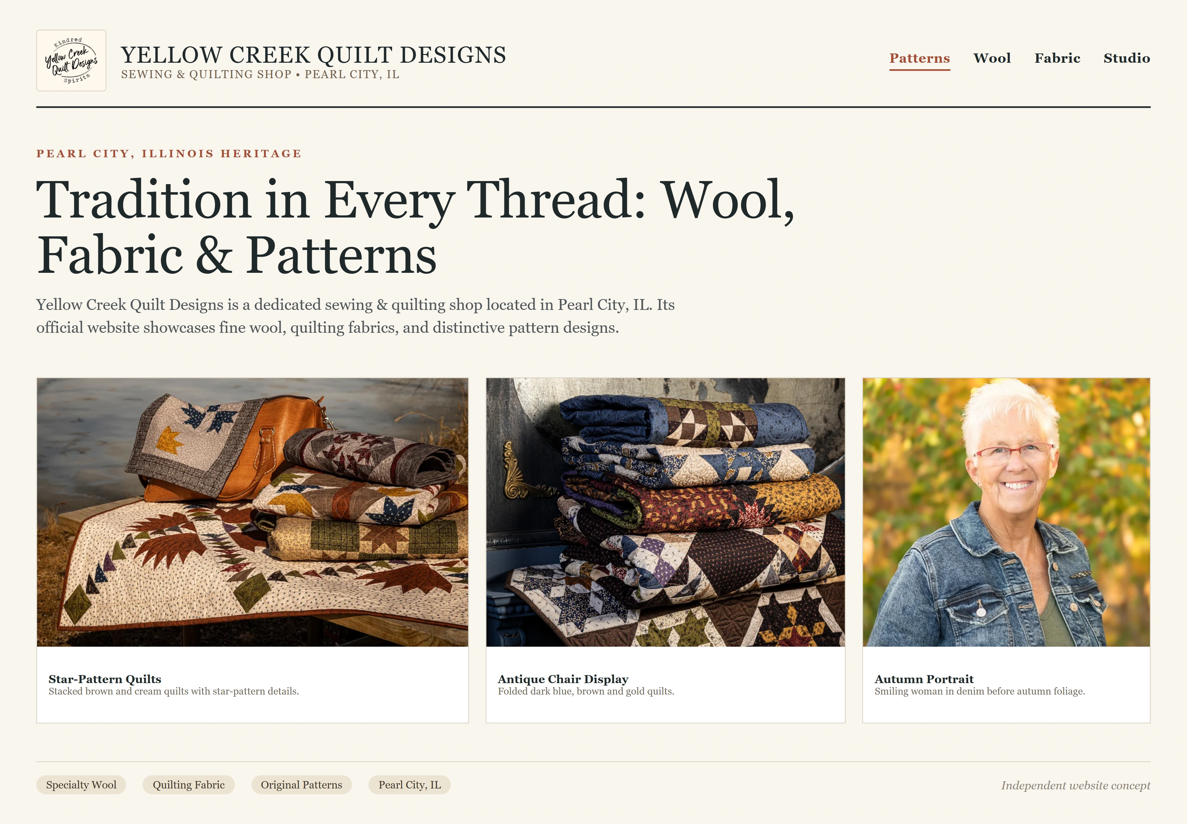 Yellow Creek Quilt Designs, individual website design concept B